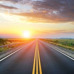 highway road , transportation roadtrip concept. on asphalt expressway with sunrise sky - obrazy, fototapety, plakaty