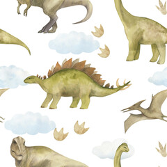 Watercolor seamless pattern with illustration of a dinosaurs and paw prints, clouds. For children's room decor, wallpaper, textile