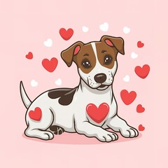 Jack Russell Terrier dog puppy are lying with red heart. Card on Valentine Day