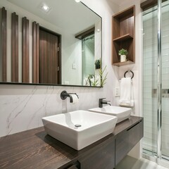 Interior of bathroom with sink basin faucet and mirror. Modern design of bathroom