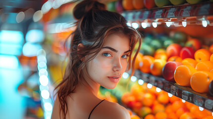 Portrait of beautiful girl in supermarket 