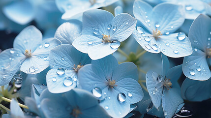 Macro photo of soft blue hydrangea flowers, close-up.	