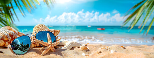 Fototapeta na wymiar Relaxing beach scene with gentle waves lapping the shore under a bright summer sky. Banner with copyspace or empty space wallpaper design.