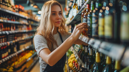 Woman selecting liquor bottle in a supermarket