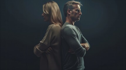 Man and a woman are standing back to back with their arms crossed - obrazy, fototapety, plakaty