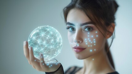 Naklejka premium Young caucasian woman or a girl holding a futuristic glowing virtual ball of global network wireless connection digital technology symbol or Internet communication