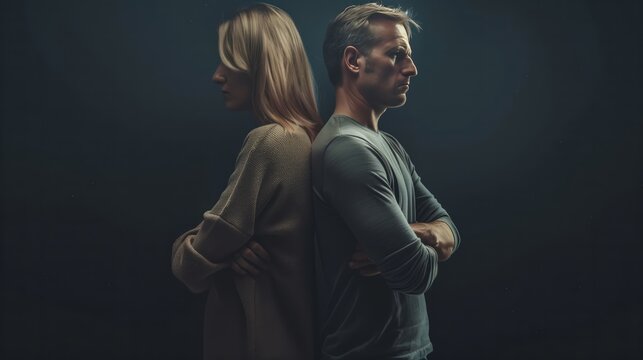 Man and a woman are standing back to back with their arms crossed