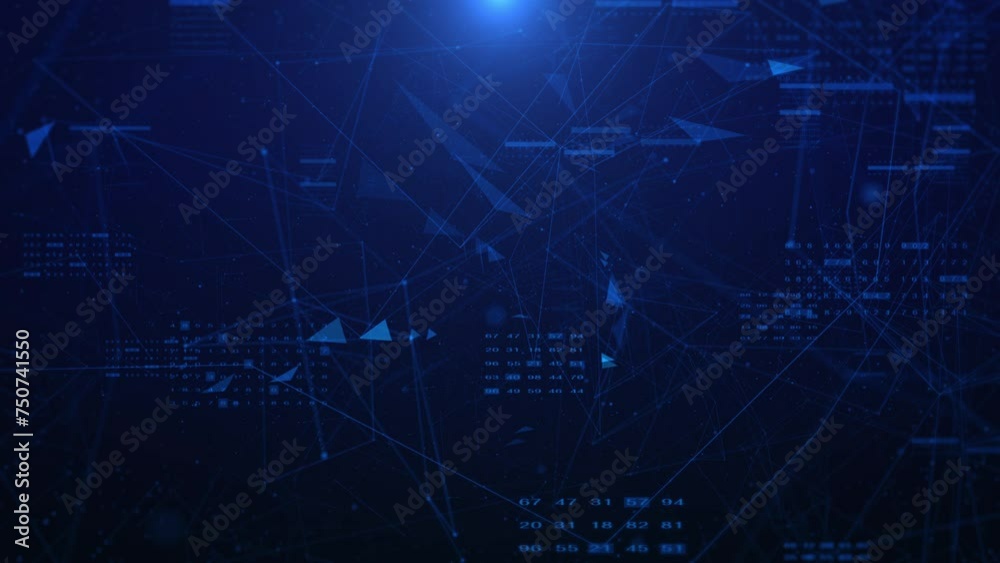 Poster Technology digital futuristic cyberspace data network structure concept. Blue future scifi stream line connection fly through 4k motion background.