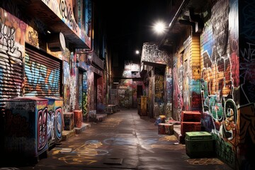 A picture of a narrow alleyway adorned with colorful graffiti. This image captures the vibrant and urban atmosphere of street art