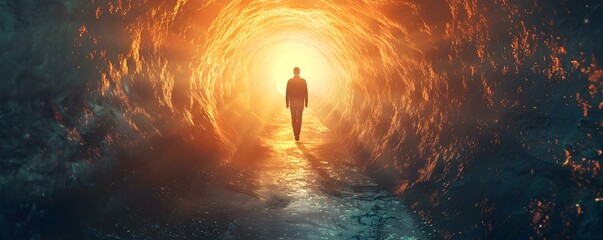 Human figure floating towards a bright light tunnel A diverse human figure floating towards a bright light tunnel symbolizing various spiritual journeys. Concept Spiritual enlightenment