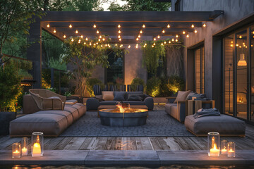 A minimalist patio with string lights, comfortable outdoor furniture, and a fire pit in the center. - obrazy, fototapety, plakaty