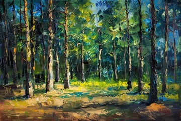 Pine trees in the forest Panoramic oil painting 