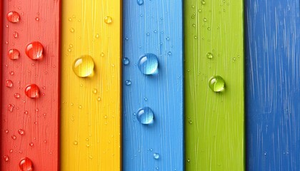 Macro close up of colorful water droplets on a wet surface for creative background design