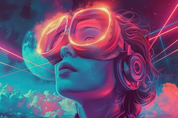 Woman with virtual reality goggles in a neon cyberpunk dreamscape
