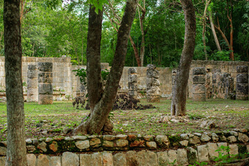 remains of a giant long colonnade in front of an ancient palace in city Chichen-Itza lost in the tropical jungle