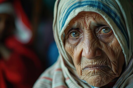 Picture of a poor elderly Indian woman Mother Teresa's Mercy and Charitable Mission Emphasize the difference between hardship and pity.