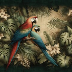 Tropical Macaws Perching Amidst Lush Foliage , Wallpaper , Tropical forest , old vintage drawing