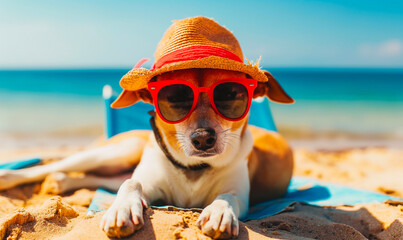 Stylish Chihuahua Dog Sunbathing at the Beach with Sunglasses and Hat - obrazy, fototapety, plakaty