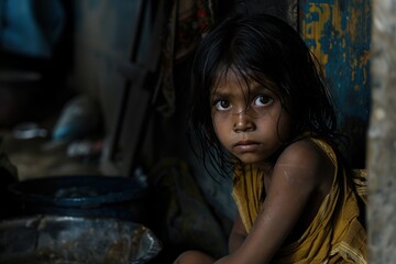 A pitiful and poor Indian child Waiting for help From poverty to a sad and hopeless expression