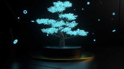 Abstract dark podium backdrop with glowing tree field scene. 3d rendering.