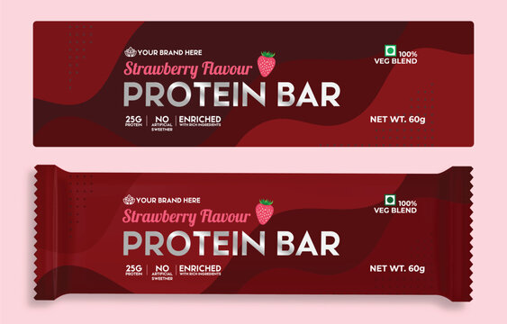 Protein Bar Label Packaging Design, Strawberry flavor chocolate wrap paper design, Bar Packaging Design Ideas Download Editable Vector File Illustration. Snacks Protein Bar Branding Template Design.