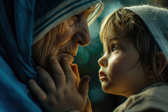 An elderly Indian woman and a poor Indian child were featured in Mother Teresa's Mercy and Charitable Mission to highlight the gap between hardship and pity.