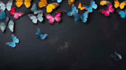 Multicolored Butterflies Fluttering on Black Background