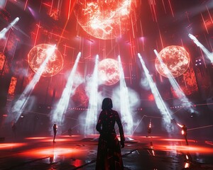 A concert in a virtual reality arena where performers create spectacular shows with fireballs and...