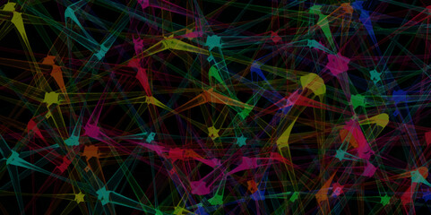 Vector neon background. Design of path transparent glass petals, geometric shapes. Network connection structure. Design digital technologies, networks, science, futuristic cyber system of background.