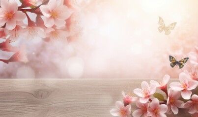 Wooden Table Adorned With Pink Flowers and Butterfly