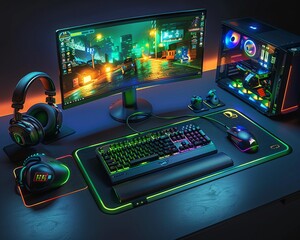 A gaming setup featuring a topoftheline keyboard monitor control pad and headset illuminated by ambient RGB lighting