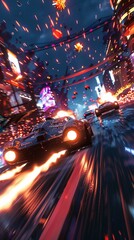 A highspeed chase through a neonlit city with vehicles leaving trails of light flashes and dodging explosive fireballs