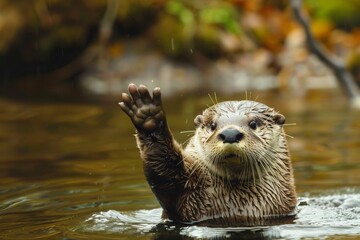 Otter Waving in Water Surrounded by Nature