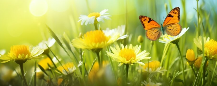 Butterfly Flying Over Vibrant Yellow Flower Field