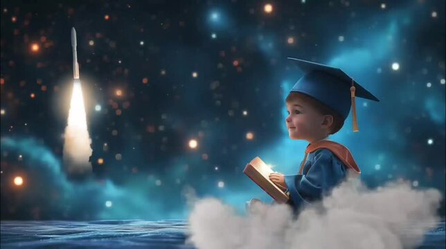 Junior scholar on clouds with rocket launch. Seamless looping time-lapse 4k video animation background