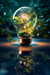 Light bulb full of plants inside and outside. Green eco friendly technology sustainability concept.	