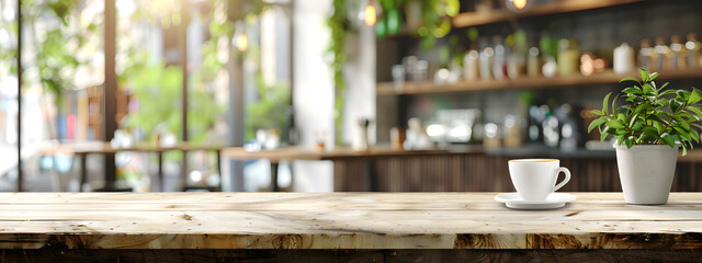 An empty wooden table with a coffee cup on a sunny cafe terrace, inviting a relaxing break amidst the city's energy. Copyspace for edit in banner design.