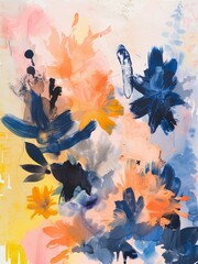 An abstract painting showcasing vivid blue and yellow flowers with dynamic brushstrokes, creating a visually striking and colorful composition.