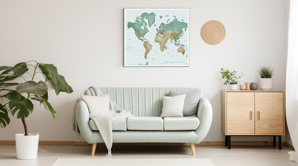 Scandinavian-Style Living Room with Pastel Green Sofa and World Map Wall Art