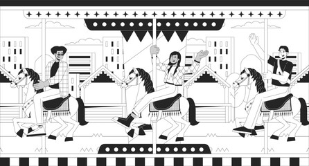 Friends on carousel amusement park black and white cartoon flat illustration. Roundabout fun diverse young adults 2D linear background. Fair merry-go-round monochrome scene vector outline image