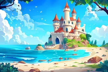 cartoon scene of beautiful castle by the seashore
