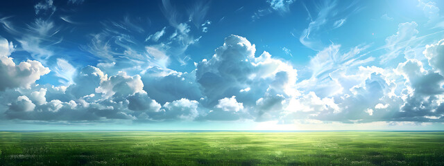 A beautiful summer landscape with a blue sky and green grass field, banner for copyspace. 