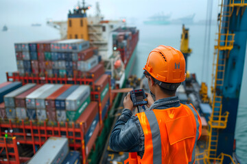 Port operator communicating with the ship in a cargo unloading operation within the port with stevedores.