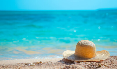 Summer Beach Vacation Accessories with Hat and Sunglasses on Sand