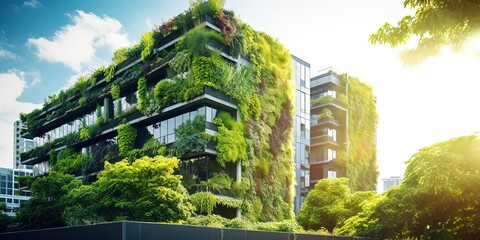 Sustainable green building in modern city. Green architecture. Eco-friendly building. Sustainable residential building with vertical garden reduce CO2. Apartment with green environment. - obrazy, fototapety, plakaty