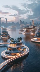 Waterfront city views featuring floating platforms for sustainable living powered by tidal energy and connected by light bridges - obrazy, fototapety, plakaty