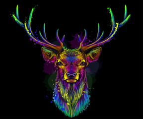 Abstract, multicolored portrait of a deer in watercolor style on a black background. - 750745730