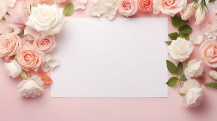 Spring Blossom Frame With Blank Card on Pink Background