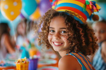 Smiling curly-haired girl celebrating her birthday.