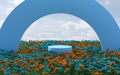 Abstract colorful flower field scene with 3d podium and sky background